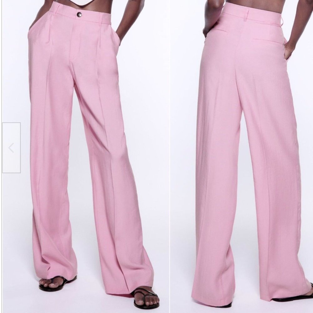 ZARA Pink High Waisted Pleated Wide Leg Trousers (Size XXS)
